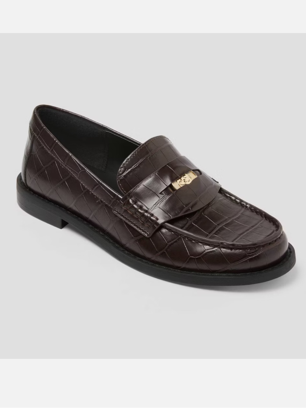 Women’s Brown Croc-Embossed Leather Penny Loafers, 8